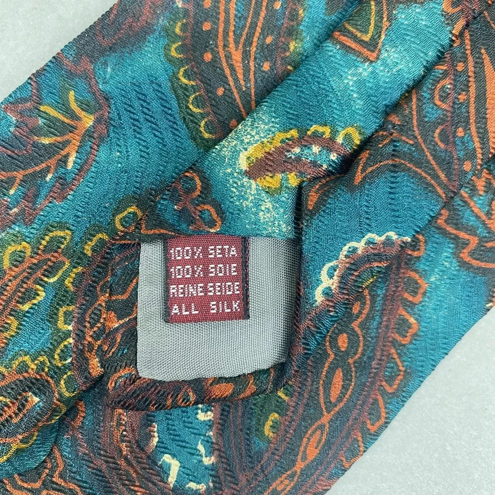 VTG Italo Piccolo Tie Mens Paisley Silk Teal Orange‎ Brownstone Ltd Artsy 58x4